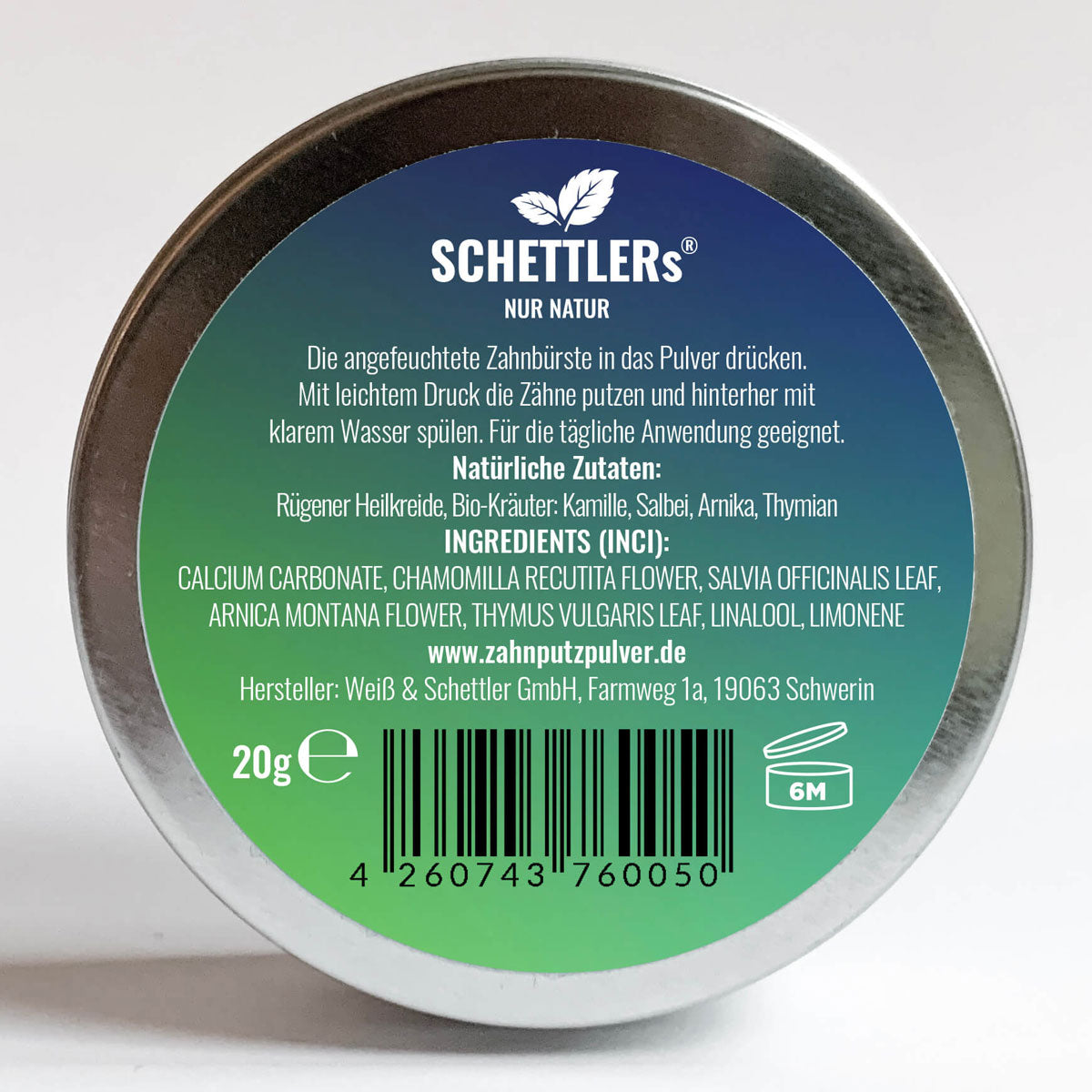 SCHETTLERs Bio-Zahnputzpulver - Pulver Typ 4 | natürliche Zahnpflege - salzfrei | 20g-Schraubdeckeldose aus Weißblech