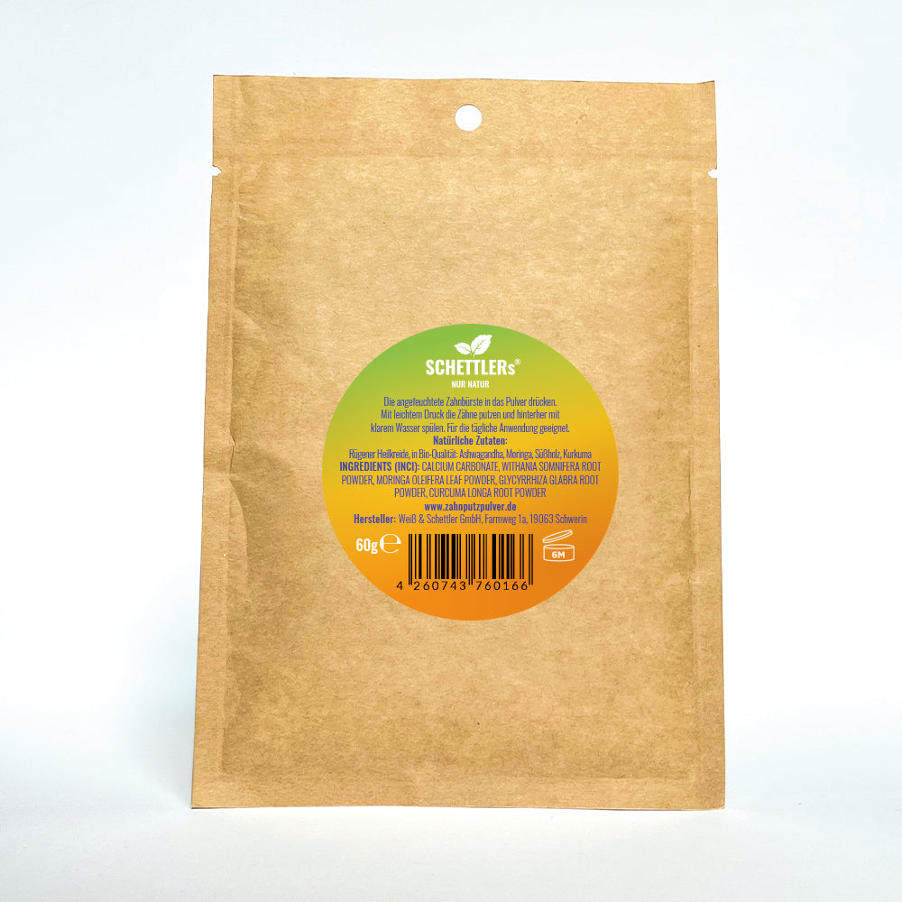 mildes ayurvedisches Zahnputzpulver aus Kreide, Kräutern und Gewürzen - salzfrei und wirksam mit Ashwagandha, Moringa, Süßholz und Kurkuma