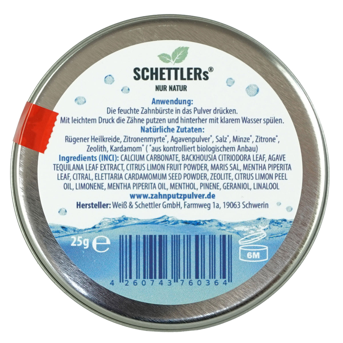 SCHETTLERs Zahnputzpulver mit Zeolith, Agave, Zitrone, Zitronenmyrte, Minze, Meersalz und Kardamom - Rückseite