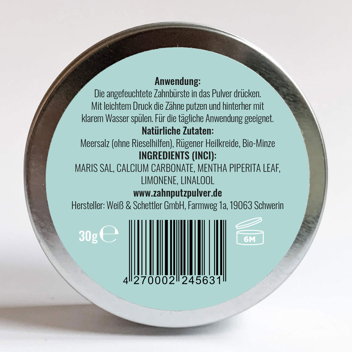 SCHETTLERs Bio-Zahnputzpulver | versandkostenfrei - Das Original | 30g-Schraubdeckeldose aus Weißblech