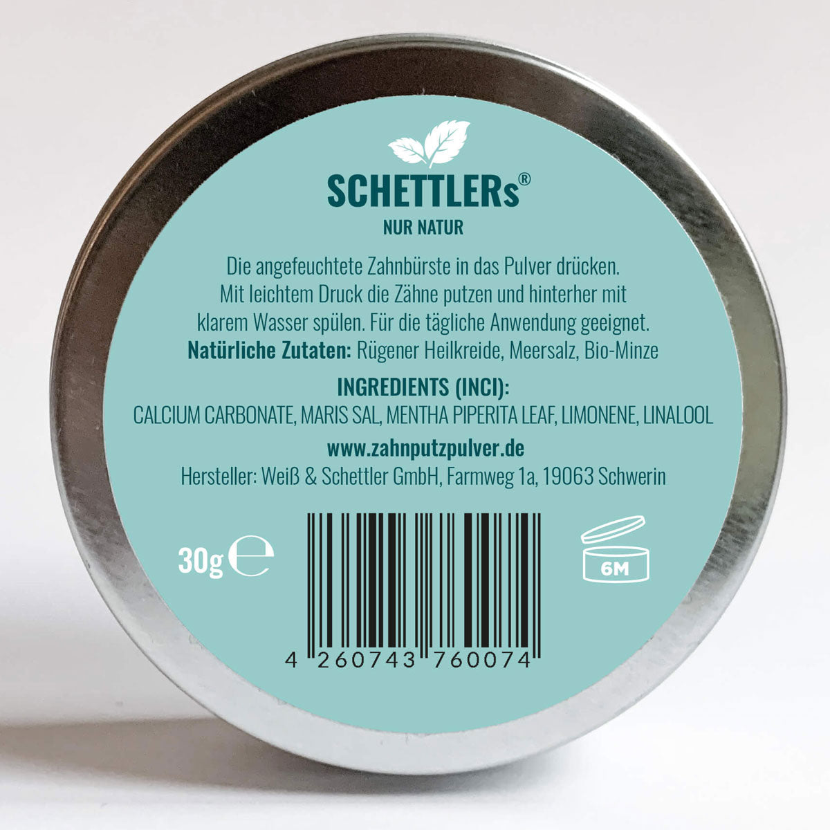 SCHETTLERs Bio-Zahnputzpulver - Pulver Typ 1 | natürliche Zahnpflege | 30g-Schraubdeckeldose aus Weißblech