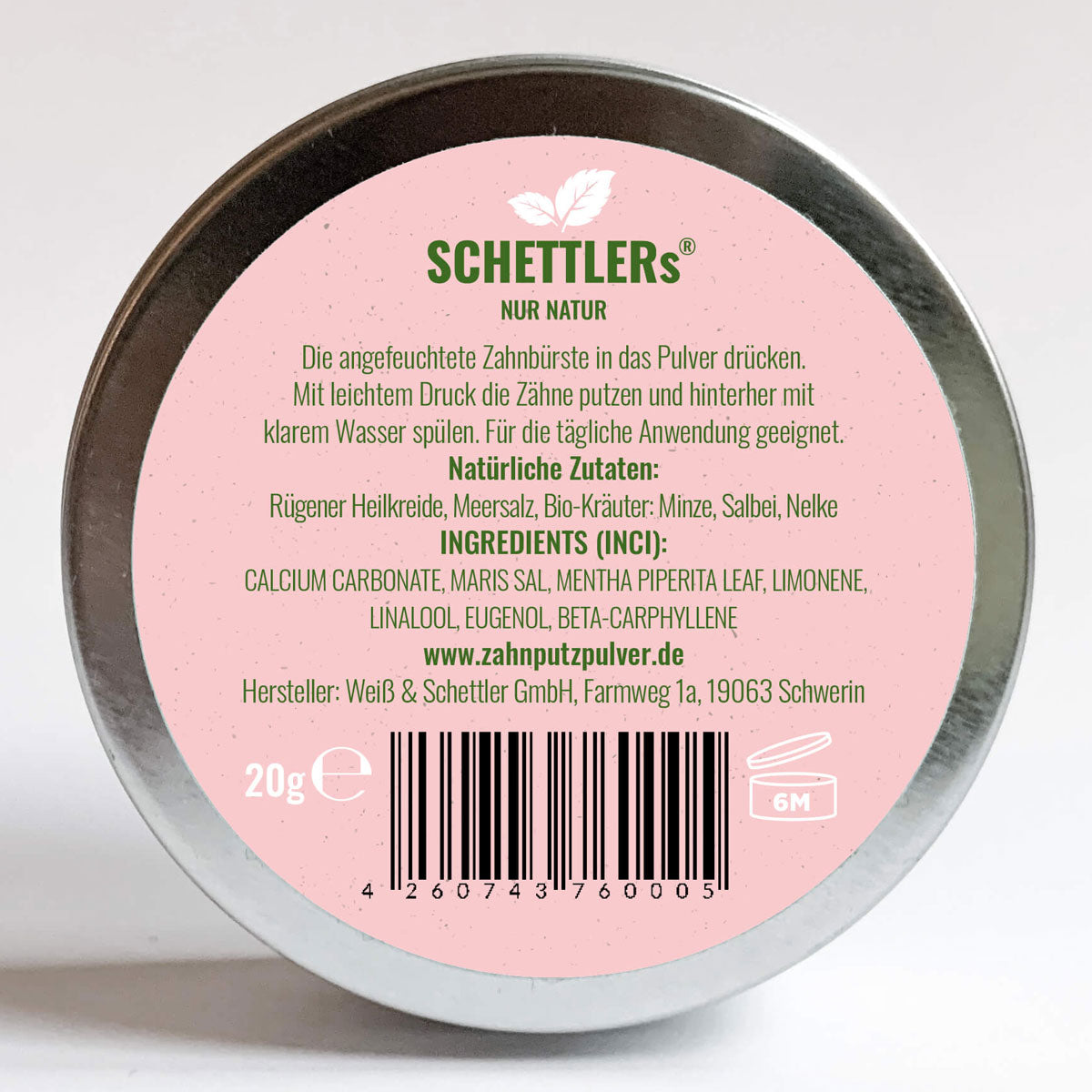 SCHETTLERs Bio-Zahnputzpulver - Pulver Typ 2 | natürliche Zahnpflege | 20g-Schraubdeckeldose aus Weißblech