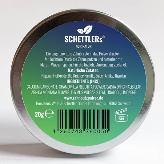 Zahnputzpulver aus Kreide und Kräutern - salzfrei und wirksam mit Kamille, Salbei, Arnika und Thymian