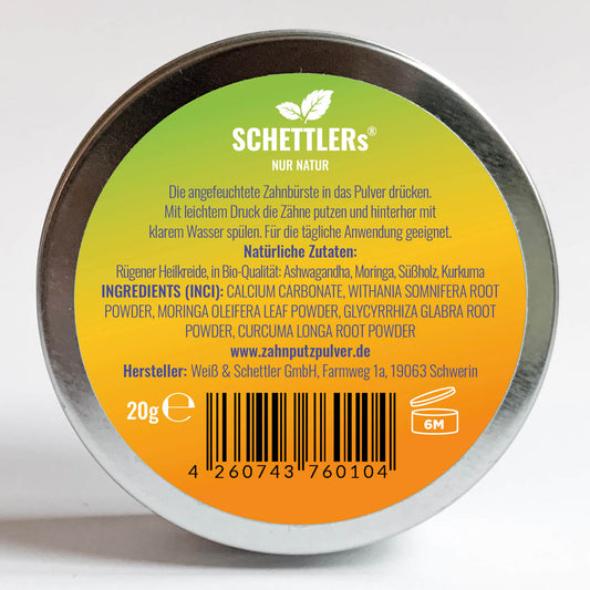 mildes ayurvedisches Zahnputzpulver aus Kreide, Kräutern und Gewürzen - salzfrei und wirksam mit Ashwagandha, Moringa, Süßholz und Kurkuma