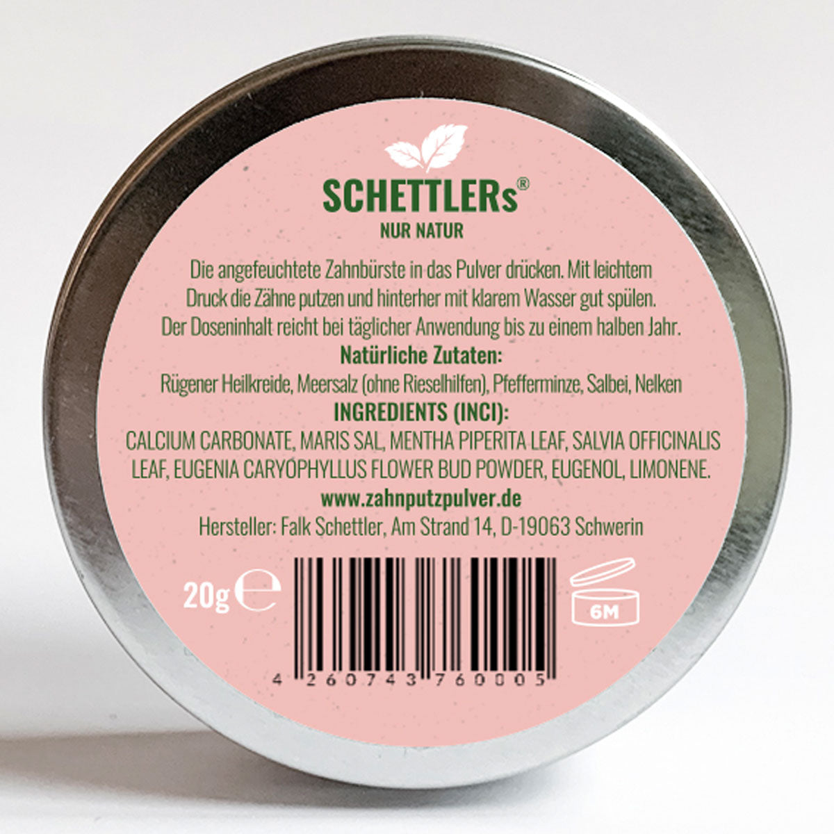 SCHETTLERs Bio-Zahnputzpulver - Pulver Typ 2 | natürliche Zahnpflege | 20g-Schraubdeckeldose aus Weißblech