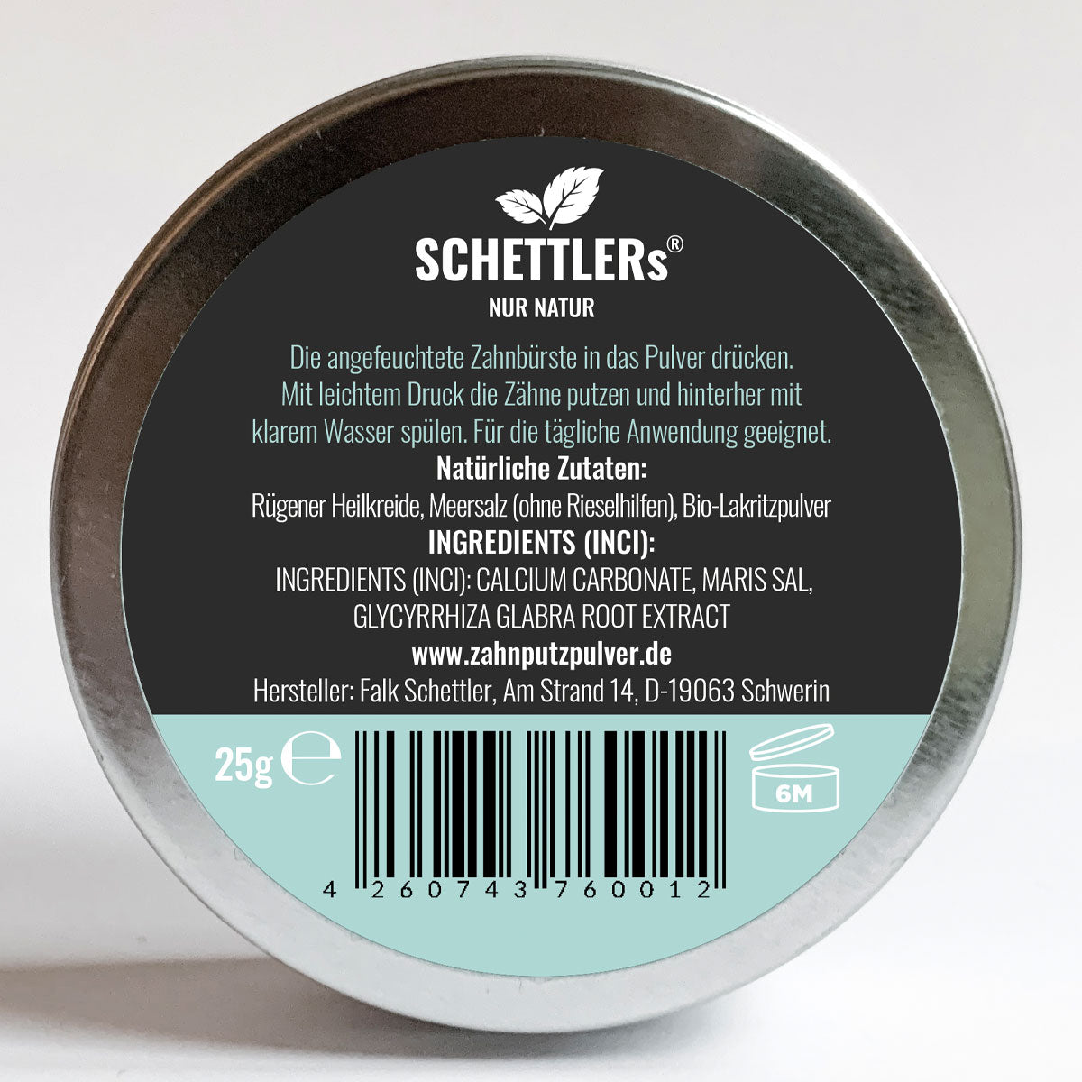 SCHETTLERs Bio-Zahnputzpulver - Pulver Typ 3 | natürliche Zahnpflege | 25g-Schraubdeckeldose aus Weißblech