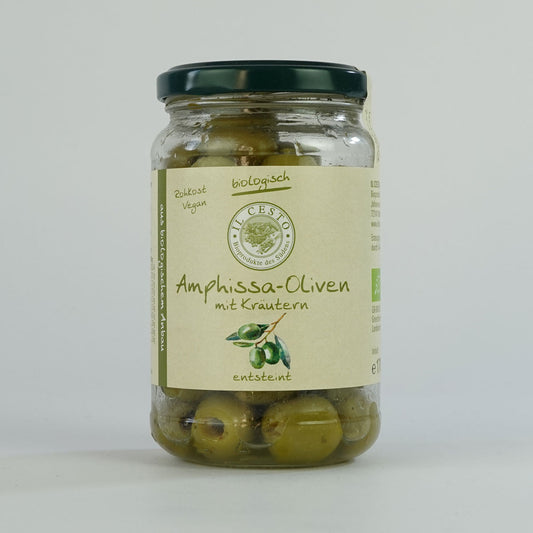 Amphissa-Oliven mit Kräutern - entsteint