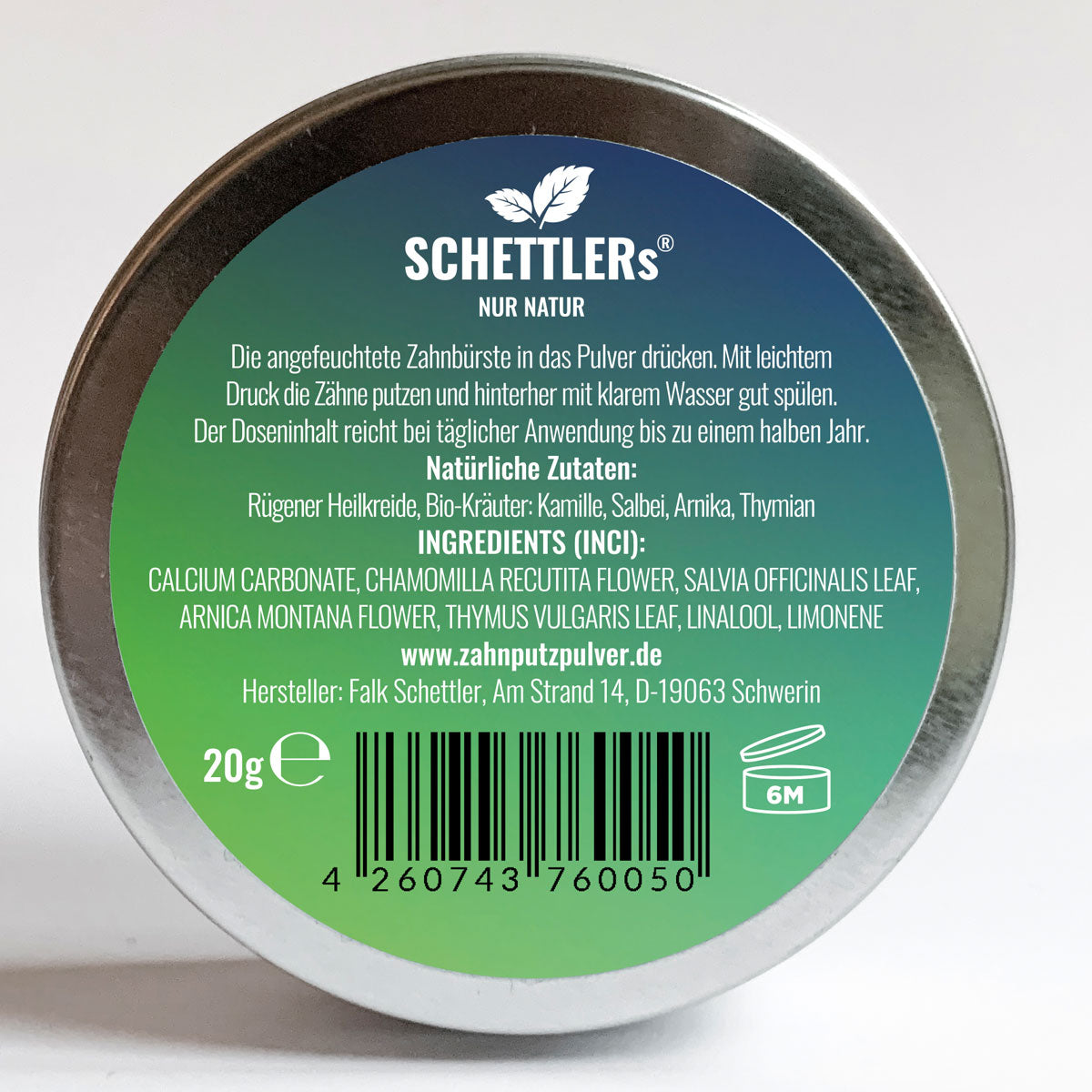 SCHETTLERs Bio-Zahnputzpulver - Pulver Typ 4 | natürliche Zahnpflege - salzfrei | 20g-Schraubdeckeldose aus Weißblech