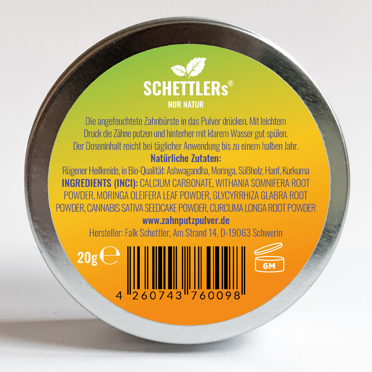 SCHETTLERs Organic Tooth Powder - Type 5 | natural dental care | 20g screw-top tin made from white sheet metal